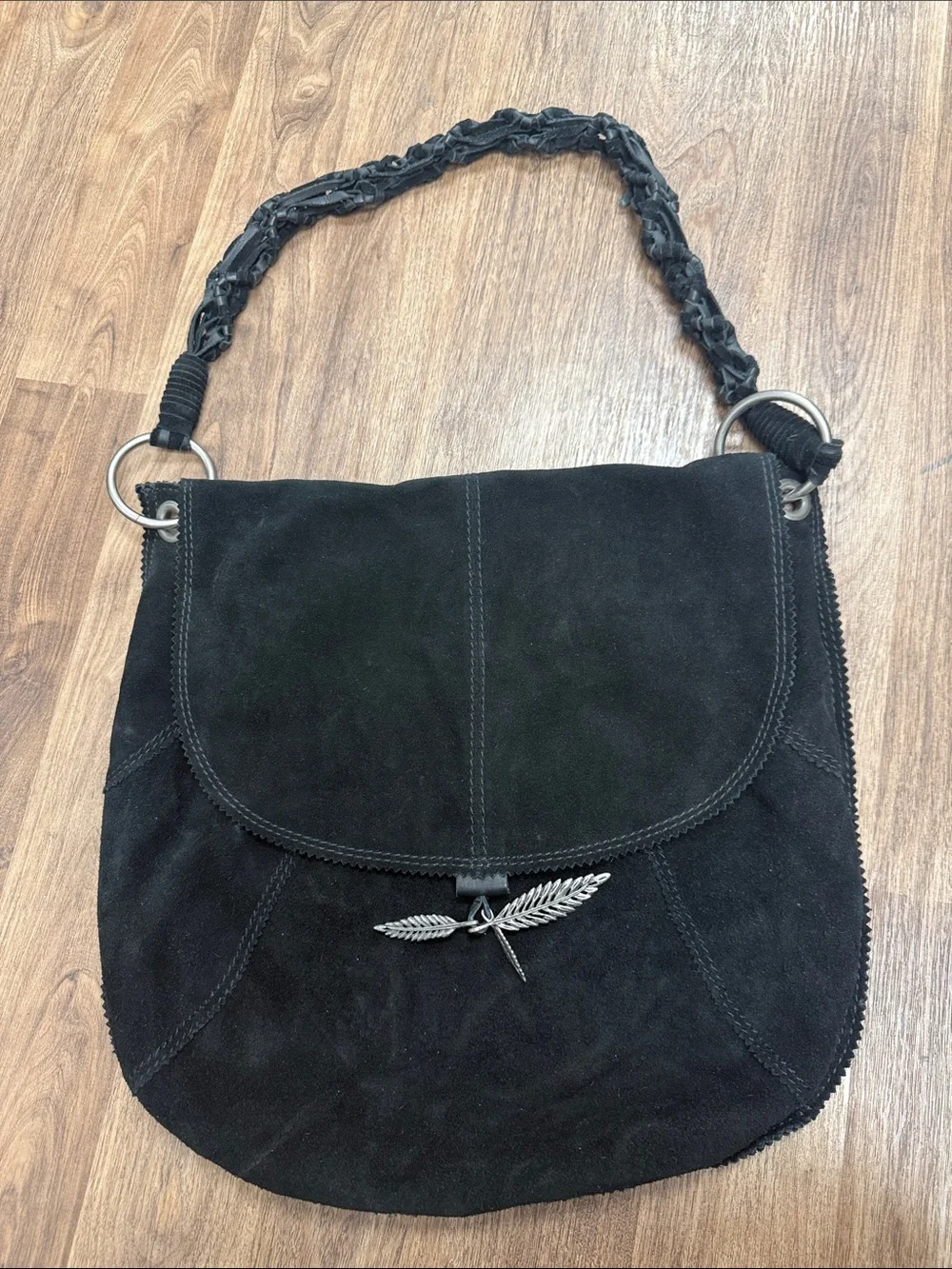 Vintage Lucky Brand Black Suede Hobo with Braided Strap and Leaf Charms- EU